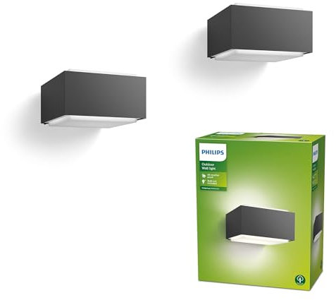 Philips Hedgehog, lampada da parete per esterni (42 W), resistente alle intemperie per accenti luminosi moderni, luce E27 senza lampadina, antracite, confezione doppia
