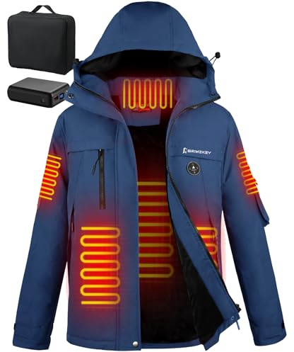 Brimekey Veste Chauffante Homme avec Doublure en Polaire, Blouson Chauffant avec Batterie Externe 7,4V 12000mAh, Veste Imperméable Coupe-vent 6 Zones Chauffantes 3 Niveaux pour Ski Randonnée Camping