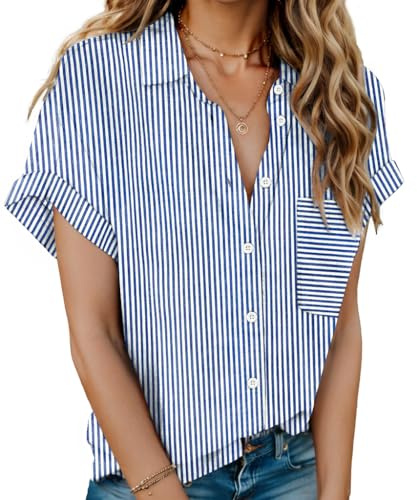 Hotouch Camisa para Mujer Informal Manga Corta Blusa de Verano Cuello de Pico Camisa de Algodón Lisa Elegante con Bolsillo Blusas de Oficina