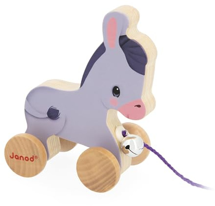 Janod - Wooden Donkey with Bell - Pull and Push Activity Toy - Learn Motor Skills and Imagination - 50cm String Suitable for Little Hands - from 12 Months, J03323