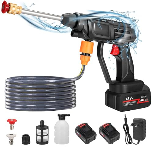 Limpiador de alta presión inalámbrico con batería de 60 bar, pistola de agua de alta presión portátil de 300 W con 2 baterías de 1500 mAh, boquilla de pulverización ajustable, manguera de 5 m