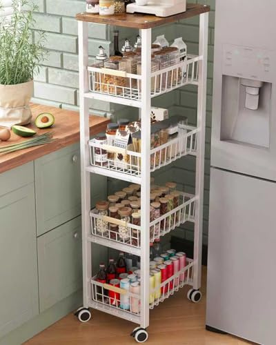 Ornestia 5-tier Vegetable Rack with Wooden Top for Kitchen Storage(White | kitchen shelves,Trolley on Wheels for kitchen Organisation, Pantry, Office (40cm*30cm*107cm)
