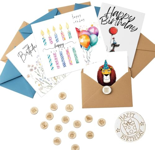 30 Bright Watercolour Birthday Cards, Wooden Button Stickers and Envelopes Made from Recycled Paper 30 Different Designs