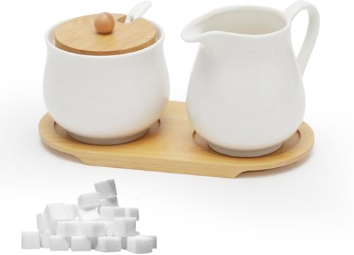Yuragim Mjölk- och sockerset med lock och sked, 5-delad keramisk mjölkkanna och sockerskål med träbricka, mjölk- och sockerbehållare för kök kaffe, mikrovågsugns- och diskmaskinssäker (vit)