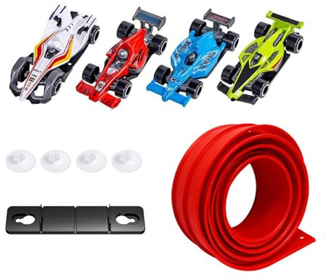 5 m flexibel racerbilsspår, Speed Race-bana ramp med 4 legerade bilar och sugkoppar, gör-det-själv hastighet racerbana för hopp och öglor, present till pojkar flickor i åldrarna 3+ (B)