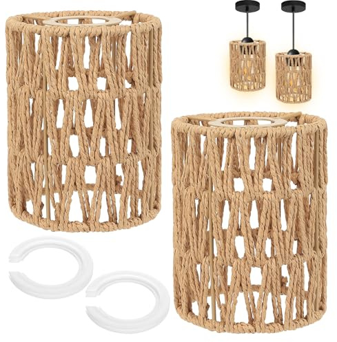 2 Pcs Pantalla Lampara Mesa, 15 cm Pantallas Lamparas de Mesa de Ratán, Lampara Mimbre de Cuerda para Lámparas de Techo, Salas de Estar, Cocina, Dormitorios, Pasillos, con 2 anillos adaptadores