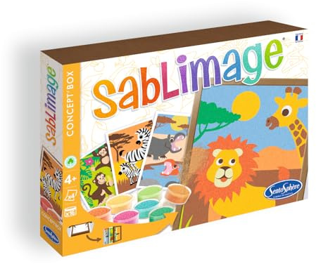 Sentosphère – Sablimage Faune africaine – Kit Loisirs Créatifs Enfant – 4-Tableaux en sable – 16 Couleurs de Sable Coloré – Concept Box avec Cadre – Dès 4-Ans – Fabriqué en France -881