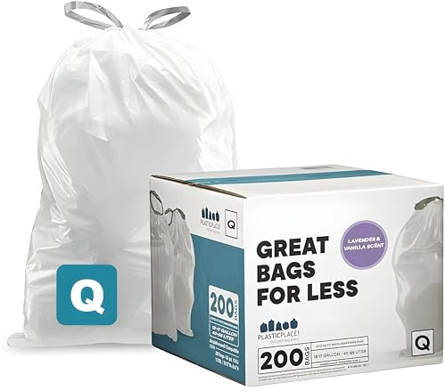 Plastplace anpassad passform soppåsar kompatibla med simplehuman Code Q (200 Count) Dragskoväskor 33-17 gallon vit, rivbeständig höga sopsäckar för sopburkar återvinning 1,2 mil