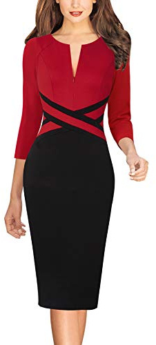 VFSHOW Womens Red and Black Patchwork Classy Work Business Casual 3/4 Sleeve Slimming Fitted Front Zipper Crisscross Waist Office Party Pencil Sheath Dress 6472 RED M