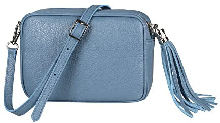 OBC Made in Italy Damen Leder Tasche Umhängetasche Schultertasche Cross-Over Crossbody Bag Glattleder Schmucktasche Fransen Ledertasche Jeansblau