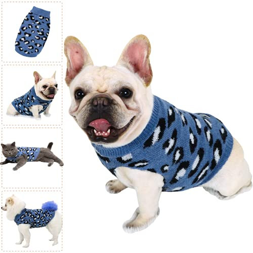 Hund Pullover für Katzen Klein Hunde Pullis Sweater Chihuahua Kleidung Bulldogge Hundepullover Keleine Mittel Grosse Katze Welpen Hundepulli Leopard Blau S