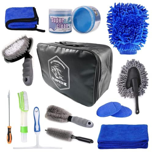 KAMBIA Kit Limpieza Coche Profesional, Detailing Coche Interior y Exterior, 14 Productos Limpieza Coche, Kit Limpieza Moto, Incluye Gel Limpieza Coche.