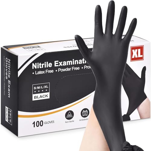 Fusion Vibes Black Nitrile Disposable Gloves - Latex Free, Powder Free, Exam, Surgical, Cleaning, Food Gloves - Extra Strong, Multi-Purpose, Black (XL, 100, count)