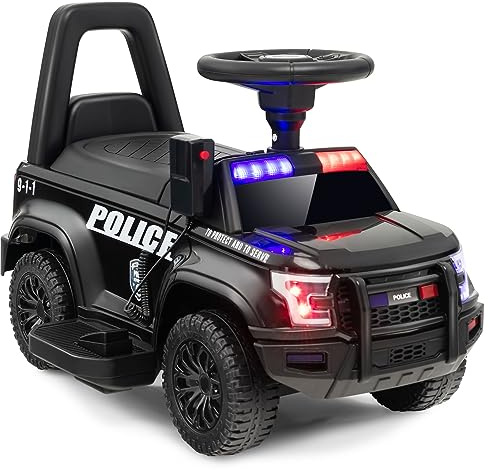 GOPLUS Voiture de Police Électrique pour Enfants, Voiture Électrique à Batterie de 6V avec Mégaphone, Sirène et Lumières, Jouet Électrique avec Fonctions Musicales (Noir)