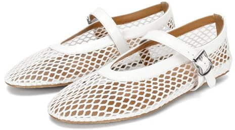 DOEYG Netz-Ballerinas für Damen, Schnallenriemen, bequem, lässig, Büro, flacher Absatz, Ballerina-Schuhe, Weiss/opulenter Garten, 38 EU