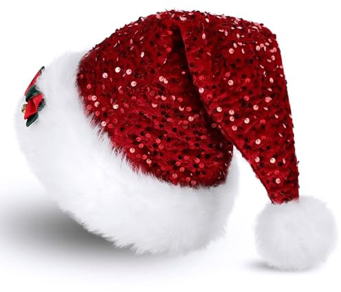SKYDUE Weihnachtsmütze, Weihnachtsmützen Erwachsene- Elastisches, Weiches Material Für Komfort | Perfekt Für Weihnachten Und Heiligabend | Nikolausmütze Für Festliche Anlässe (Glitzer Rot)