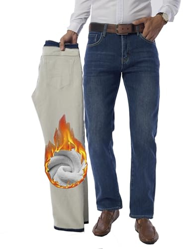 Fakanhui Fleecefodrade jeans för män vinter termisk flanell fodrad Jean Business vardaglig klänning arbete denim jeans, Klassisk blå, XXL
