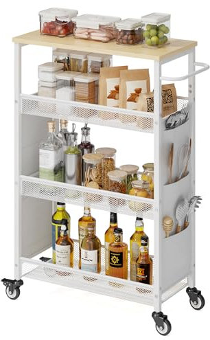 Xbro Küchenwagen mit 4 Ebenen, Rollwagen für Schmale Räume, MDF Holz Rollwagen für mit Seitentaschen auf Metallrädern für Küche, Schlafzimmer und Wohnzimmer, Weiß