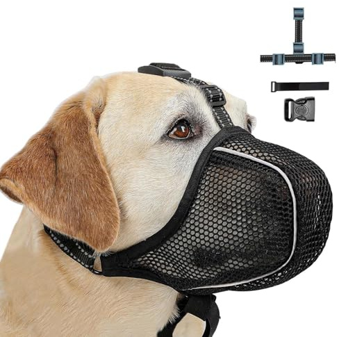 Muselière pour Chien Empêche de Mâcher/Manger/Mordre - Muselière pour Chien, Masque Respirant pour Animaux Ajustable avec Sangles Velcro, Réfléchissante et Ajustable - Anti Morsure (Noir-L)