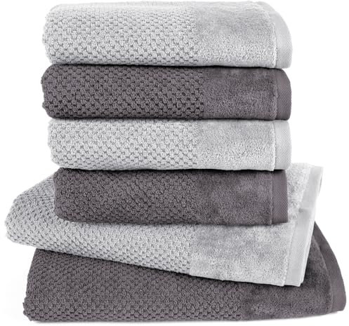Pure Label 6-TLG. Handtücher Set mit Aufhängeschlaufen aus Baumwolle, saugstark, weich und Oeko-TEX Zertifiziert - 2X Badetuch (70x140 cm) 4X Handtuch (50x100cm), Anthrazit | Grau