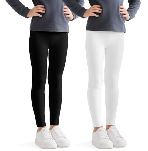 JinBei Leggings Niñas Algodón Mallas Infantiles Transpirable Largos Pantalones Niña Pantalone Cómodos Elástico Unicolor Pack de 2 Ropa Negro Blanco para Deportes Ballet Escuela, 10-12 Años