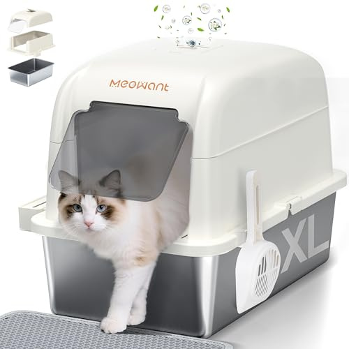 MeoWant Arenero Gatos Cubierto de Acero Inoxidable, Arenero Gato Grande con Pala y Estera de Doble Capa, Inodoro Cerrado en Forma de U, Inodoro Extraíble de 81 L con Pedal, Pala y Tapete (Blanco)