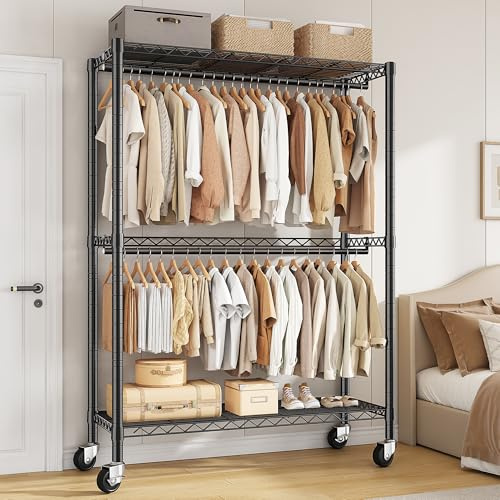 Klyvvo 90 * 40 * 200cm Kleiderständer auf Rollen, 150 kg Tragkraft, 2 ausziehbare Kleiderstangen & verstellbare Ablageplatte, großer Lagerraum für Vielkleidung, stabil & leicht zu bewegen