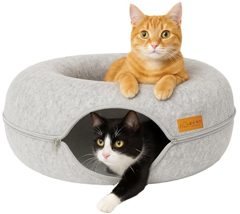 Felt Cat Tunnel 60 x 60 x 28 cm Cat Bed Fluffy Round Cat Cave Tunnel Doughnut Cat Doughnut Bed Games Cats with Washable Cushion Cover Cat Basket as Sleeping Place Cuddly Bed - Grey