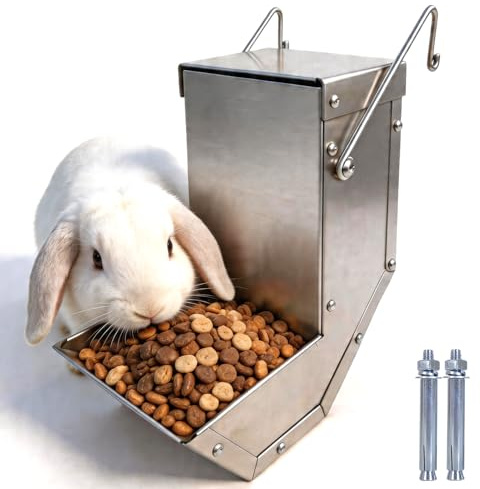 Outdoor Small Animal Stainless Steel Gravity Feeding Trough Pet Feeder Durable with Lid Cage Rabbit Feeder Holds Several Days Worth of Food(for Guinea Pig Birds Ferrets (1PC, 3.7 inch-1.5Lbs)