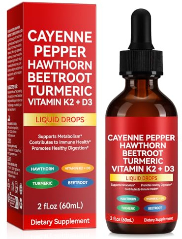 Cayenne Pepper Drops Liquid – Natural Herbal Blend Cayenne Pepper Supplement with Hawthorn, Beetroot, Turmeric & Vitamins D3 K2 for Metabolism & Circulation Support, Immune & Digestive Function 60ml