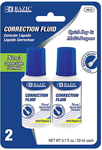BAZIC Products Correction Fluid (0.7 oz / 20 ml), Soft Bristle Brush Applicator, Instant Corrections Pen White Out Wipe Out Liquid (2/Pack), 1-Pack