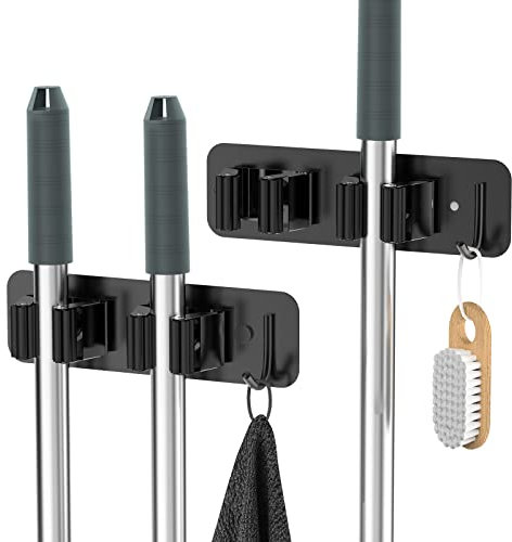 homeasy Colgador Escobas y Fregonas Soporte de Pared Acero Inoxidable con Ganchos 2 Piezas Autoadhesivo o Perforado (tornillos incluidos) para Cocina, Baño, Garaje y Jardín, Color Negro