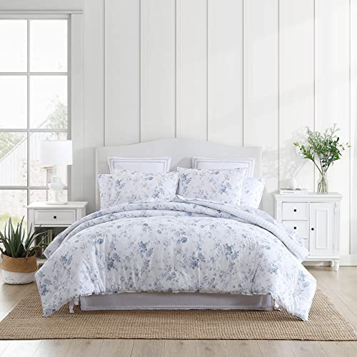 Laura Ashley Reversible Cotton Bedding with Matching Sham(s), Farmhouse Home Décor, Belinda Blue, Twin XL