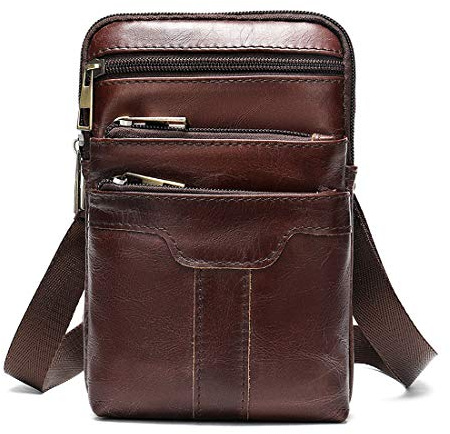 Pochette Téléphone Portable Homme Café, Sacs Bandoulière en Cuir Homme, Business Sac Porte épaule Sac à Main Cuir Portefeuille Étui Imperméable avec Bandoulière Réglable pour Voyage Randonnée Sport
