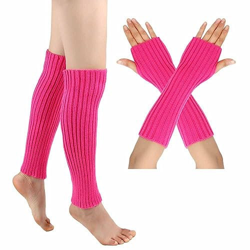 SHTGOI Beinstulpen und Pulswärmer Set Baumwolle Strick Beinwärmer Fingerlose Handschuhe Winter Arm Handwärmer Legwarmer Bein und Arm Stulpen für Yoga-Tanzen Turnhalle Ausübt Halten Warm Rosa