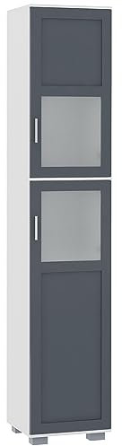 kleankin Armario Alto de Baño Mueble Columna de Baño con 2 Puertas de Vidrio Templado y Estantes Ajustables 37x35x190 cm Blanco y Gris