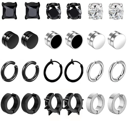 VELESAY 12Paar Magnet Ohrringe Herren Damen Edelstahl Creolen CZ Magnet Nicht Durchdringende Clip Ohrstecker Clips Nickelfrei Tunnel Ohrclips Non Piercing Ohrringe Set Schwarz Silber