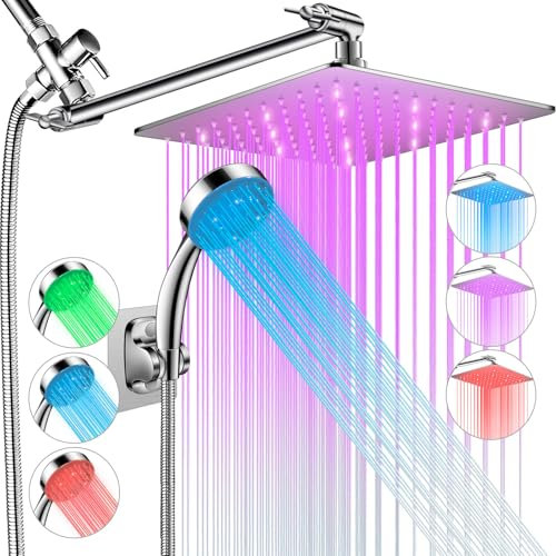 Pomme de douche avec LED, haute pression de 25,4 cm, avec bras d'extension réglable de 27,9 cm, pommeau de douche LED à changement de couleur en fonction de la température de l'eau, pommeau de douche