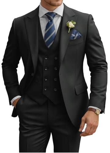TIJOFA 3 Piece Mens Suit Slim Fit Black Double Breasted Suit Men 3 Piece Wedding Classic Black Tuxedo One Button Formal Prom Party Dinner Jackets Vest Pants Sets XL