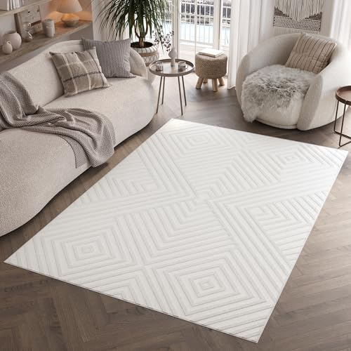 TAPISO Hygge Teppich Kurzflor Creme Weiß Rauten Viereck Kreise 3D Teppich Wohnzimmer Schlafzimmer ÖKOTEX 160 x 220 cm
