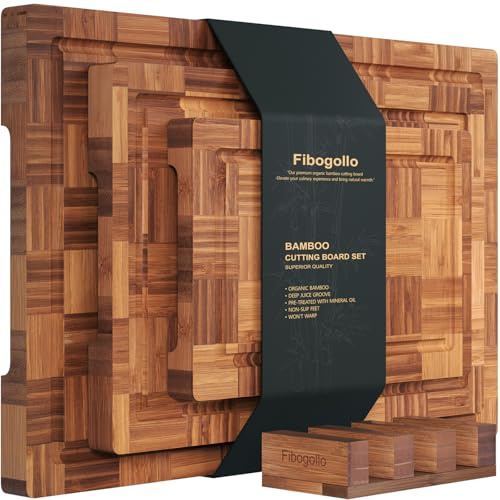 Fibogollo Bamboo Cutting Boards for Kitchen,Chopping Boards Set with Juice Groove,End Grain Bamboo Butcher Block,Serving Board with Holder(3 Pcs)