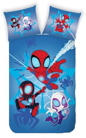 Familando Spidey Juego de ropa de cama reversible de 135 x 200 cm, 80 x 80 cm, 100% algodón, ropa de cama infantil con cremallera, diseño brillante de Spidey y sus súper amigos