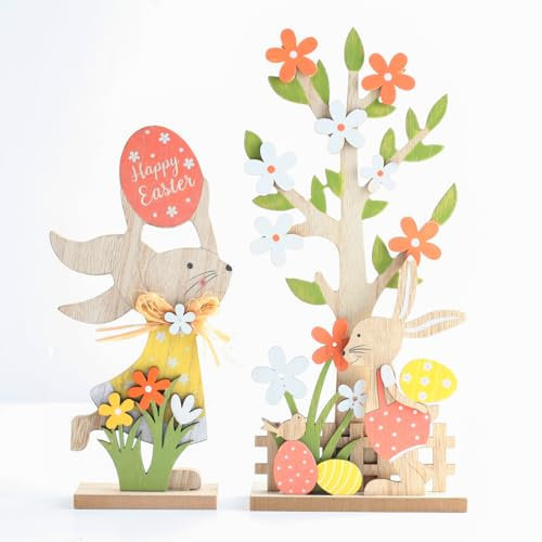 2PCS Coniglietto Pasquale Decorazioni di Legno Pasquali, Coniglietti Posizionare in Piedi, con Fiori, Alberi, Uova Pasqua in Legno, Pasqua Molla Decorazioni per Tavola Feste Giardino Casa Esterni