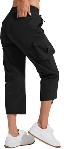 Pioneer Camp Pantacourt Femme Été Leicht Pantalons 3/4 Cargo Occasionnel Pantalon Corsaire Ceinture Élastique Capri RandonnéE avec 6 Poches Noir M