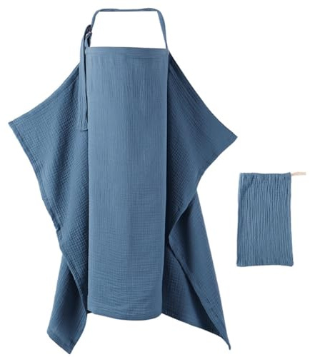 Dimoxii Couverture Allaitement Bébé avec Pochette, Cape d'Allaitement en Mousseline, Tablier Allaitement avec Lanière Réglable, Vêtement Allaitement Femme en Coton, Cache Allaitement Écharpe (Bleu)