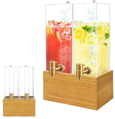 Beverage Dispenser with Stand, 4 Gallon Dual Drink Dispenser Stand, Large Drink Dispenser for Party, Wood Stand