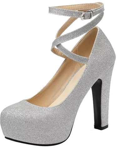 HSyc JRX Escarpins à paillettes pour femme avec sangle de cheville et talon bloc Chaussures de soirée à talons hauts, argenté, 35 EU
