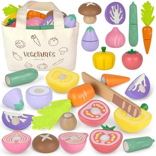 Play Food Sets for Kids Kitchen Wooden Food Toys for 3 Year Old Girl Boy Toddler Cutting Pretend Play Set Learning Toys Birthday Gift 1 2 3 Year Old Vegetables