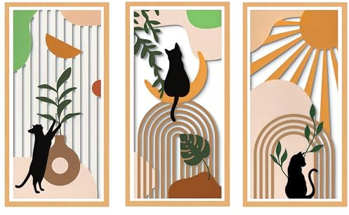 HUASUN 3 Piezas Decoración de Pared Boho, Escultura de Pared en Madera, Panel de Pared con Diseño Láser de Gatos, Luna, Sol y Hojas Tropicales para Salón, Dormitorio u Oficina (Gato elegante)