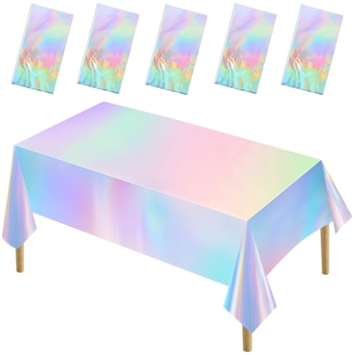 WEFHEF 5 Pcs Nappe Anniversaire Holographique, Nappe Rectangulaire Anti Tache Irisée, Nappes de Tables Imperméables, Nappes de Fête Décoration 274 x 137 cm, pour Mariage Réceptions Garden-Parties